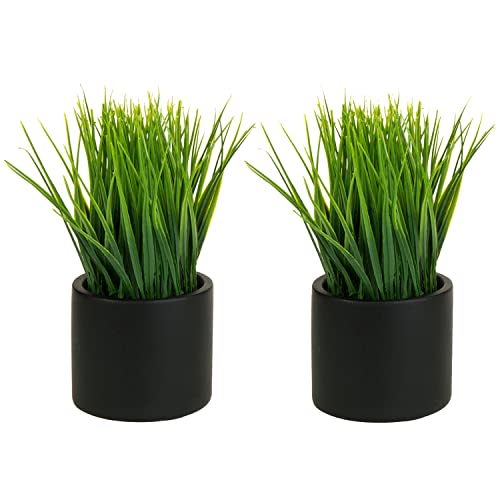 MyGift Tabletop Artificial Grass Plants Decorative Faux Greenery Plant Potted in Modern Cylindrical Black Cement Pots, Set of 2 - Image 1
