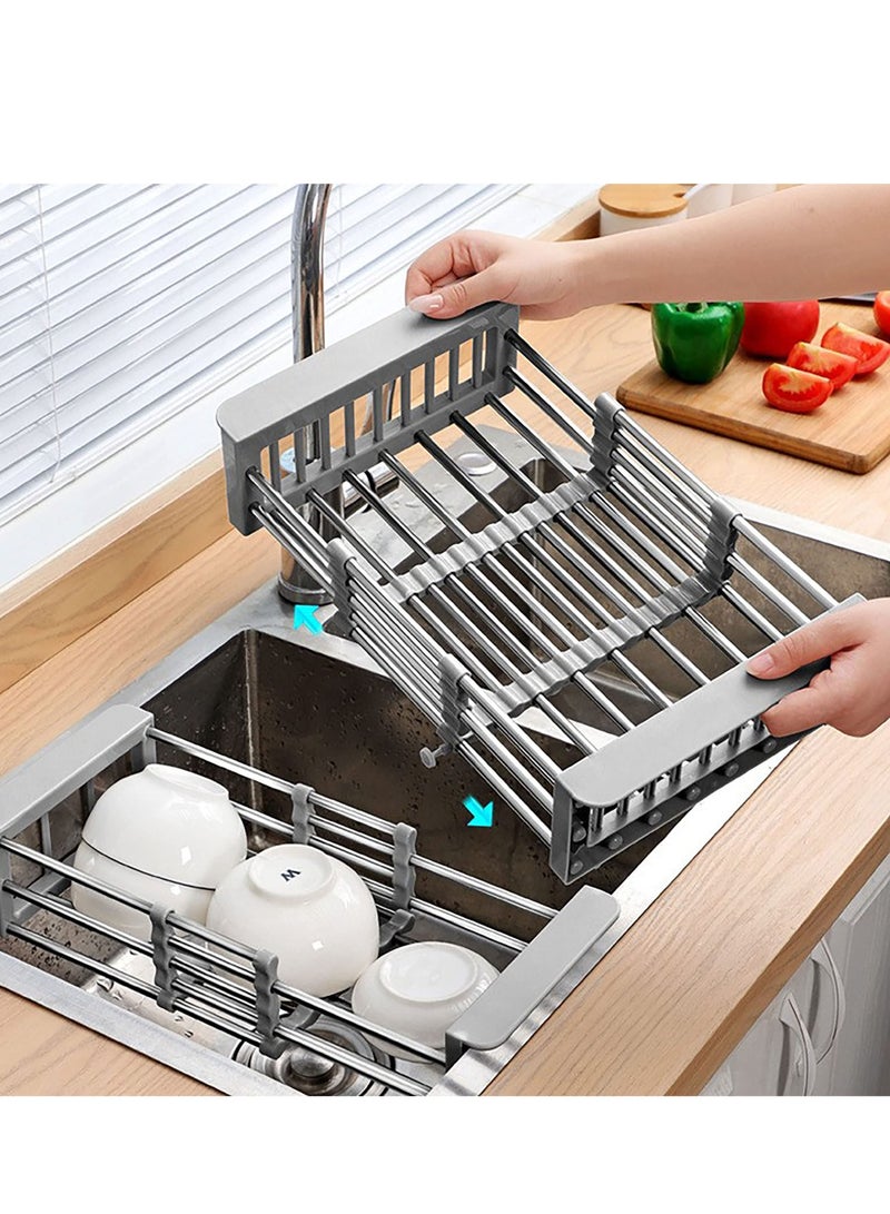 Excefore Retractable Stainless Steel Kitchen Dish Drying Rack, Sink Draining Basket, Fruit and Dish Rack, Dish Washing Basket, Draining Bowl Rack, Shelf - Image 1