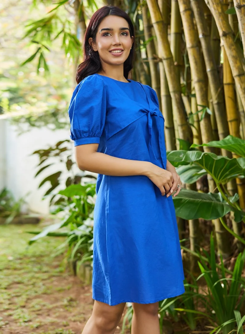Zigzag Front Bow Puff Sleeve Linen Dress
