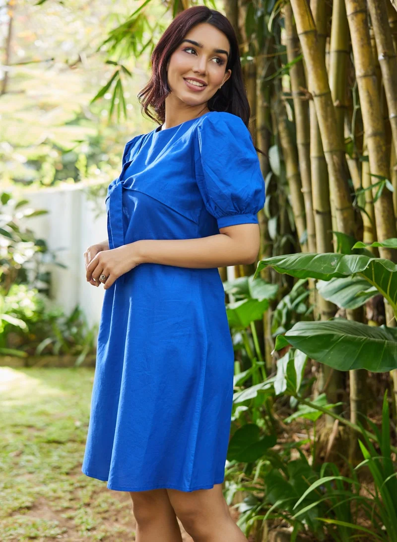 Zigzag Front Bow Puff Sleeve Linen Dress