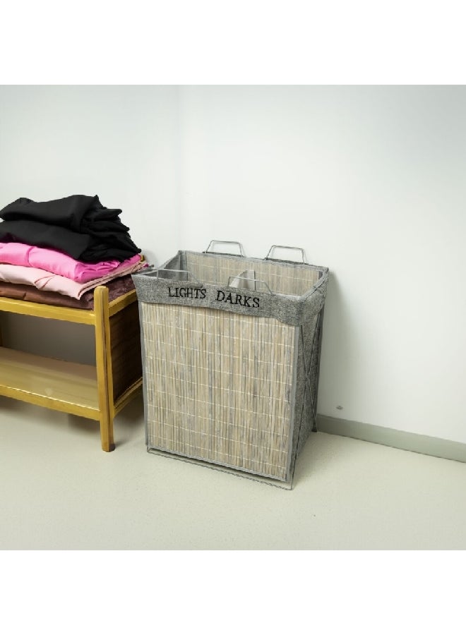 HONEYBEE Dual Section Open Top Bamboo Laundry Hamper with Handle Grey and Beige 60 x 33 x 50 cm 237312 - Image 2