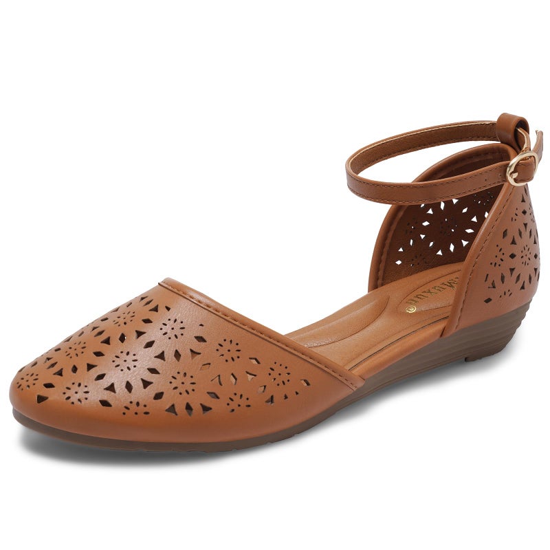 MaxMuxun Sandals for Women 2026 Roman Ankle Strap Low Wedge Heel Flats for Women Cage Closed Toe Flat Sandals with Cushioned Footbed Camel - Image 1