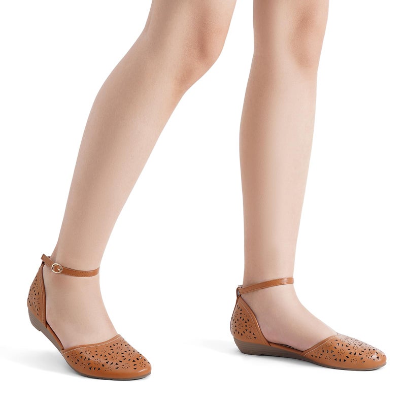 MaxMuxun Sandals for Women 2026 Roman Ankle Strap Low Wedge Heel Flats for Women Cage Closed Toe Flat Sandals with Cushioned Footbed Camel - Image 2