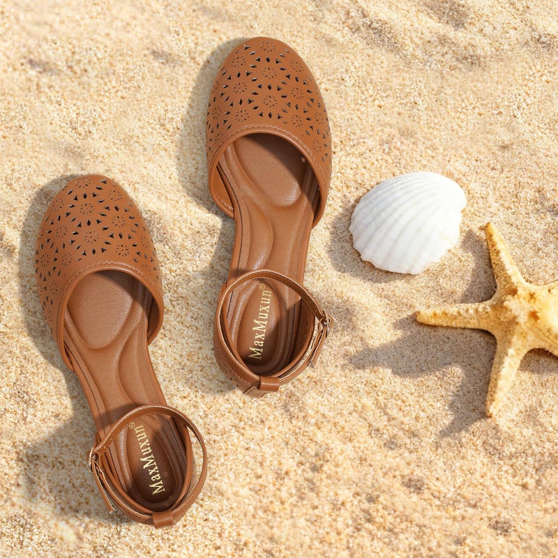 MaxMuxun Sandals for Women 2026 Roman Ankle Strap Low Wedge Heel Flats for Women Cage Closed Toe Flat Sandals with Cushioned Footbed Camel - Image 3