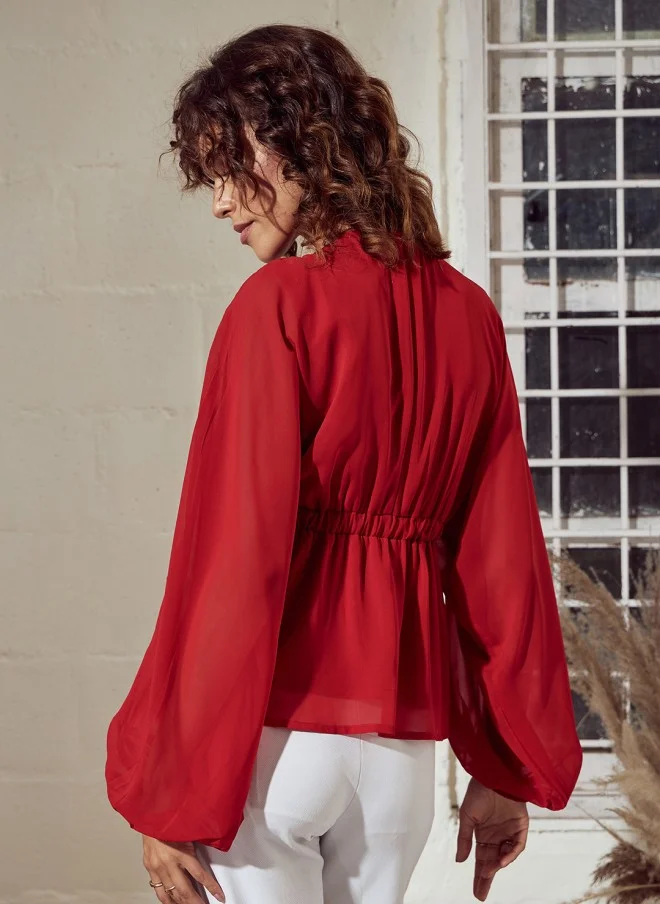 SASSAFRAS Red V-Neck Extended Sleeves Peplum Top for Women