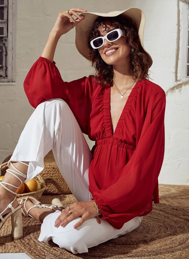 SASSAFRAS Red V-Neck Extended Sleeves Peplum Top for Women