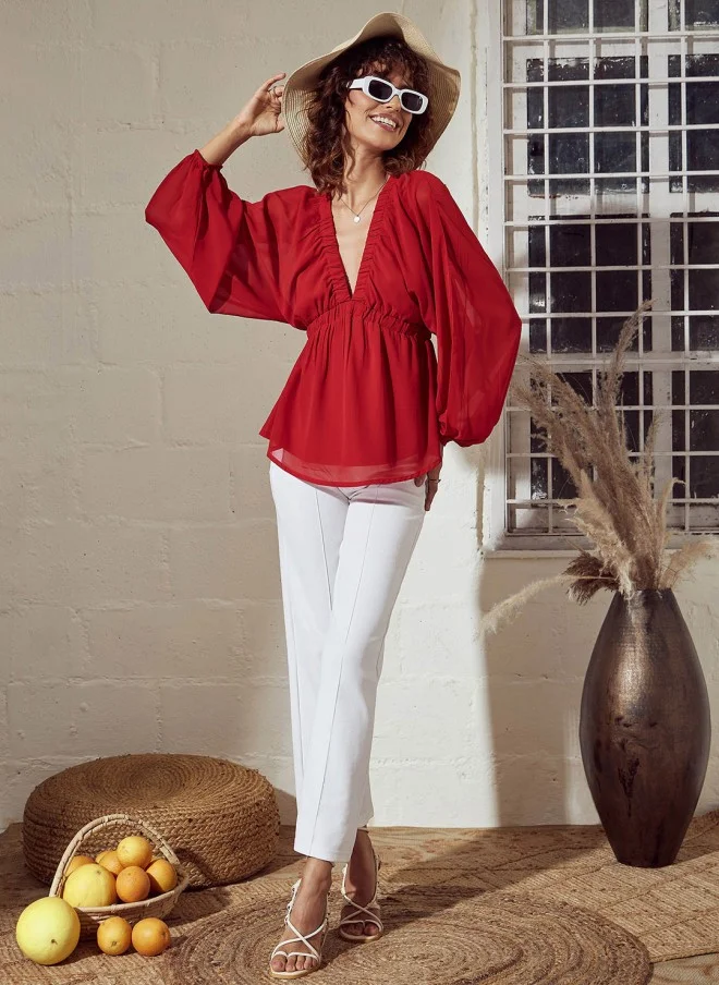 SASSAFRAS Red V-Neck Extended Sleeves Peplum Top for Women