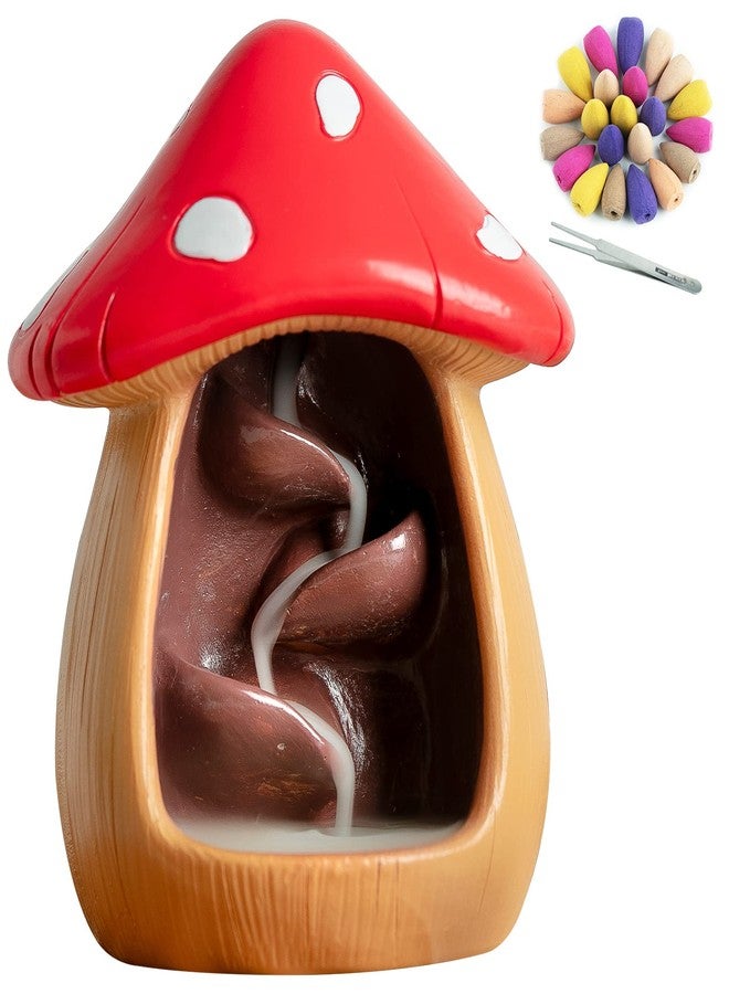 CHUNCHE Cute Mushroom Incense Holder with 60 Incense Cones, Handmade Waterfall Backflow Incense Burner, Nature Theme Incense Burner, Adorable Home Decoration, Cottagecore Decor Accessories(Brown) - Image 1