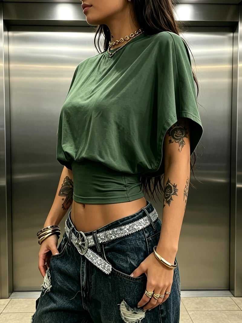 BK260403040 Women's Fashion Spring\u002FSummer , Stylish and Elegant, Solid Color No Print, Casual Versatile Waist - Cinching T - Shirt, Essential Basic Style—Suitable for Daily... - Image 3