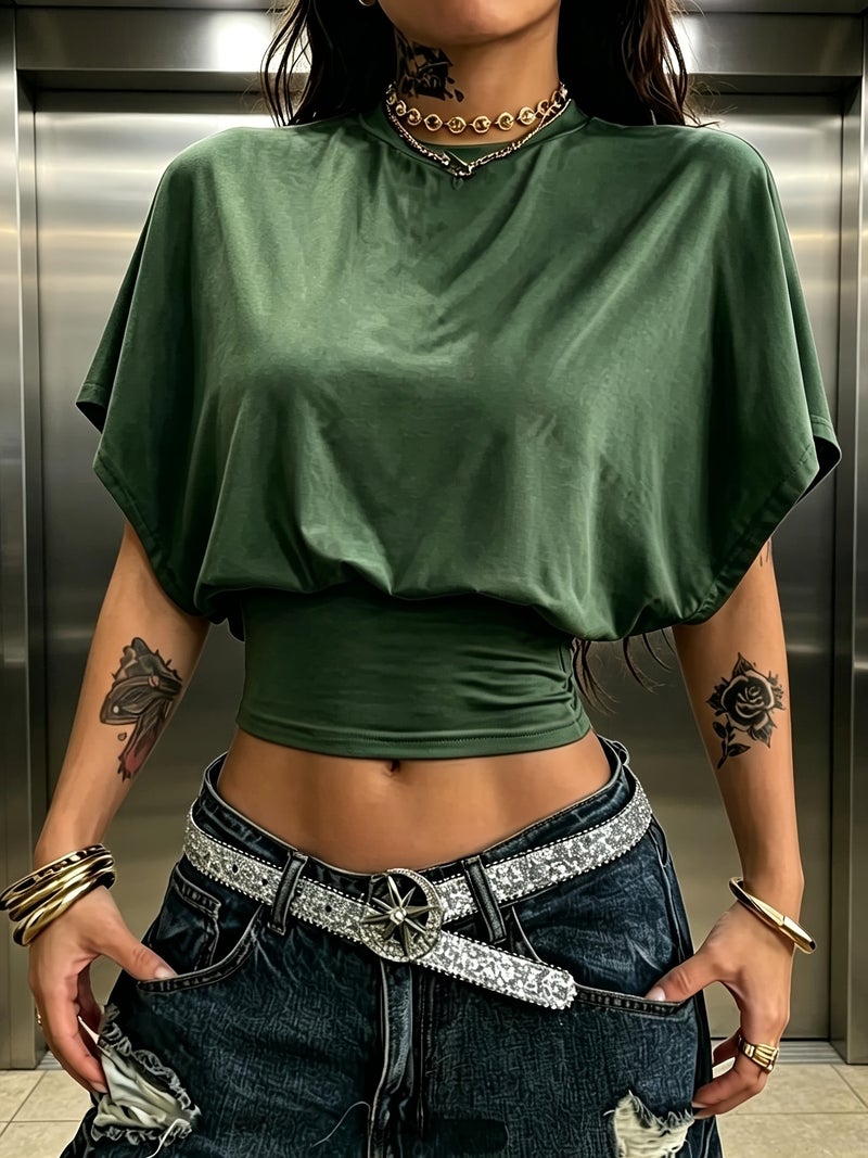 BK260403040 Women's Fashion Spring\u002FSummer , Stylish and Elegant, Solid Color No Print, Casual Versatile Waist - Cinching T - Shirt, Essential Basic Style—Suitable for Daily... - Image 2