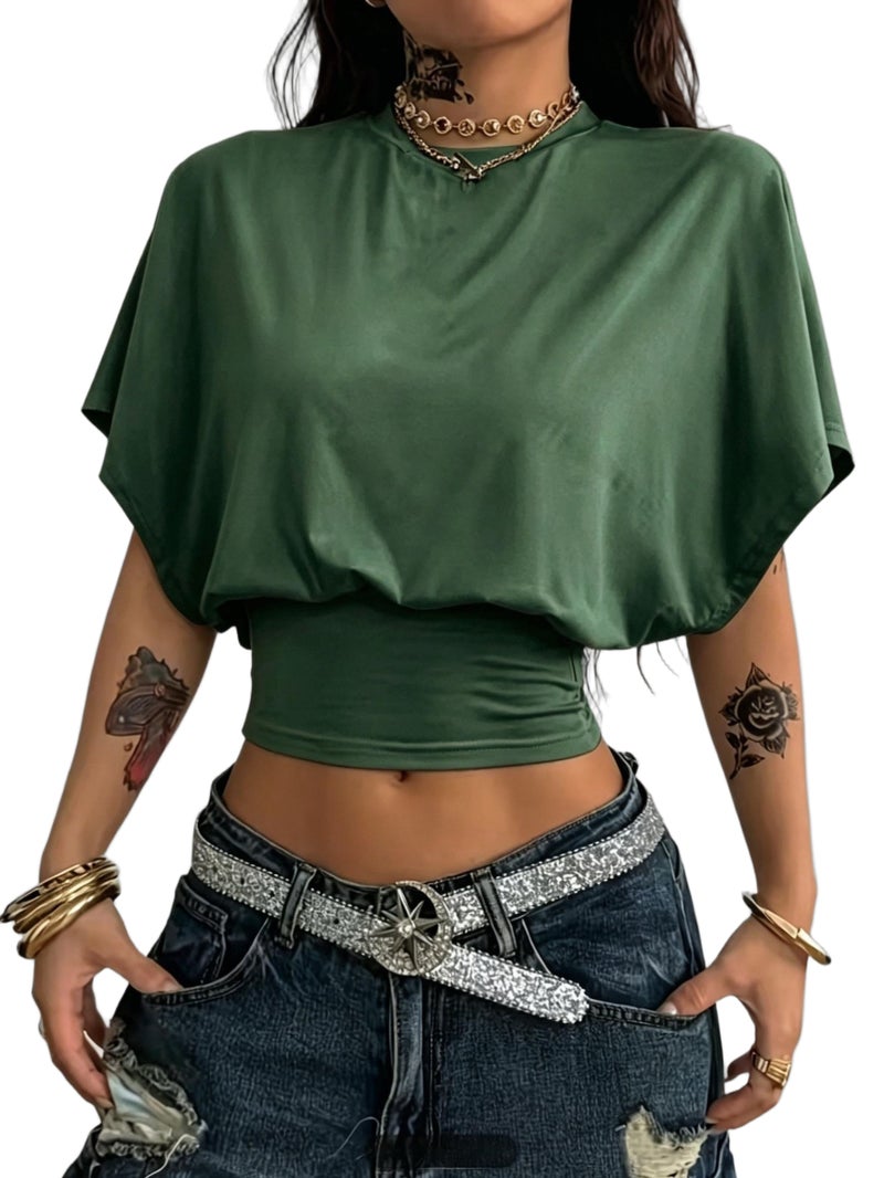 BK260403040 Women's Fashion Spring\u002FSummer , Stylish and Elegant, Solid Color No Print, Casual Versatile Waist - Cinching T - Shirt, Essential Basic Style—Suitable for Daily... - Image 1