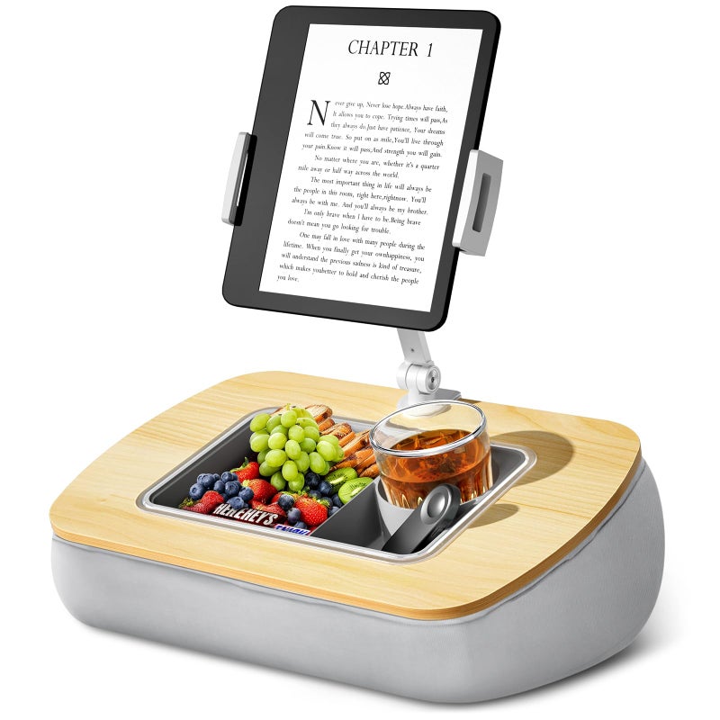 ERGONOV Tablet Stand Pillow with Snack Bowl, iPad Lap Holder for Hands-Free Reading and Relaxation on Bed,Couch,Recliner, 360Â° Rotating Clip for 4.7-13" Kindle,eBook,Tablet,iPhone (Birch Gray) - Image 1