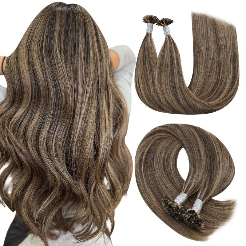 YoungSee U Tip Hair Extensions Human Hair Brown with Blonde Highlight U Tips Hair Extensions Real Human Hair Brown Ktip Human Hair Extensions Highlight Hair Extensions U Tip for Women 14In 1GS 50G