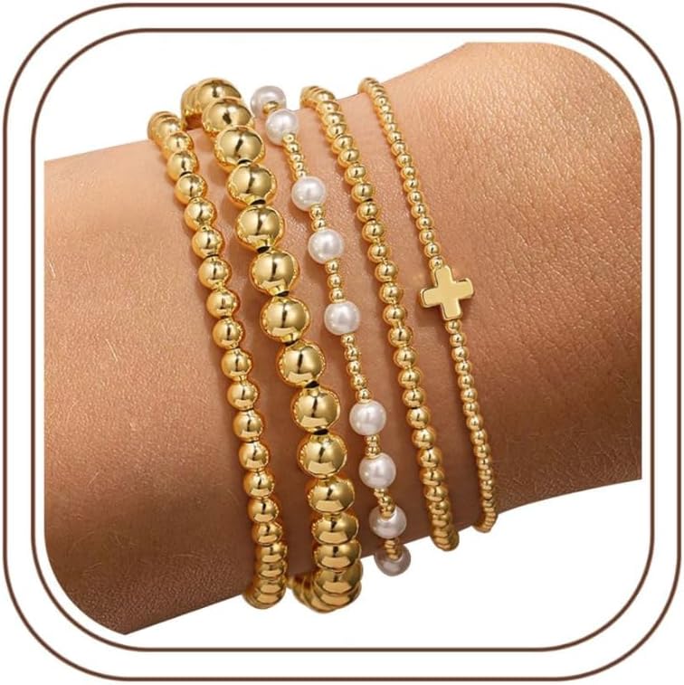 Yoosteel Gold Beaded Bracelets Set for Women - 14K Gold Plated Dainty Round Bead Ball Pearl Cross Bracelet - Image 1