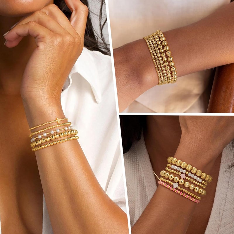 Yoosteel Gold Beaded Bracelets Set for Women - 14K Gold Plated Dainty Round Bead Ball Pearl Cross Bracelet - Image 4