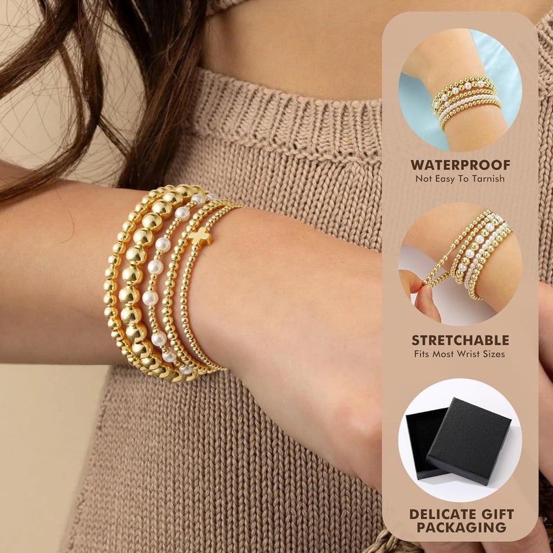 Yoosteel Gold Beaded Bracelets Set for Women - 14K Gold Plated Dainty Round Bead Ball Pearl Cross Bracelet - Image 5