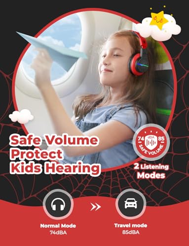 iClever BTH12 Kids Bluetooth Headphones,Colorful LED Lights,74/85dBA Safe Volume,85H Playtime,Fast Charging,Bluetooth 5.2,Over Ear Kids Headphones Wireles for iPad/Tablet/Airplane,Black/Red - Image 3