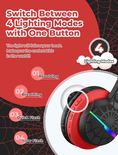 iClever BTH12 Kids Bluetooth Headphones,Colorful LED Lights,74/85dBA Safe Volume,85H Playtime,Fast Charging,Bluetooth 5.2,Over Ear Kids Headphones Wireles for iPad/Tablet/Airplane,Black/Red - Image 2