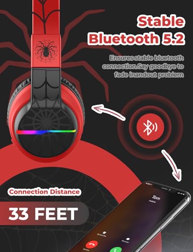 iClever BTH12 Kids Bluetooth Headphones,Colorful LED Lights,74/85dBA Safe Volume,85H Playtime,Fast Charging,Bluetooth 5.2,Over Ear Kids Headphones Wireles for iPad/Tablet/Airplane,Black/Red - Image 5