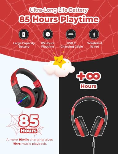 iClever BTH12 Kids Bluetooth Headphones,Colorful LED Lights,74/85dBA Safe Volume,85H Playtime,Fast Charging,Bluetooth 5.2,Over Ear Kids Headphones Wireles for iPad/Tablet/Airplane,Black/Red - Image 4