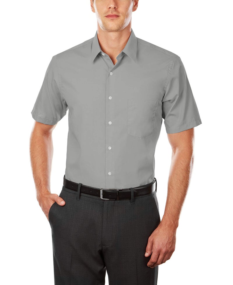 Van Heusen Men's Short Sleeve Dress Shirt Regular Fit Poplin Solid, Grey Stone, 18.5" Neck - Image 1