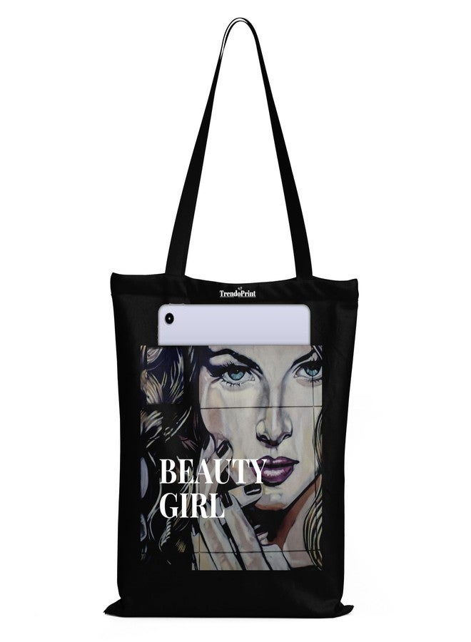 TrendoPrint Canvas Black Tote Bags for Women with Front Pocket And Zip 15Kgs Capacity, College Bag for Girls, 100% Organic Cotton Tote Bag for Shopping, Travel &Beach BTP-01 - Image 1