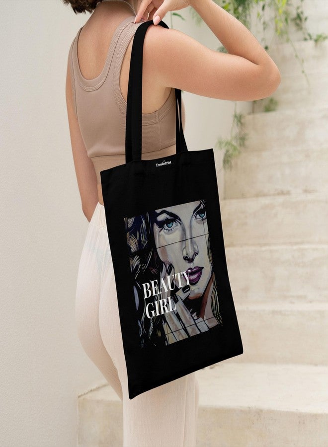 TrendoPrint Canvas Black Tote Bags for Women with Front Pocket And Zip 15Kgs Capacity, College Bag for Girls, 100% Organic Cotton Tote Bag for Shopping, Travel &Beach BTP-01 - Image 2