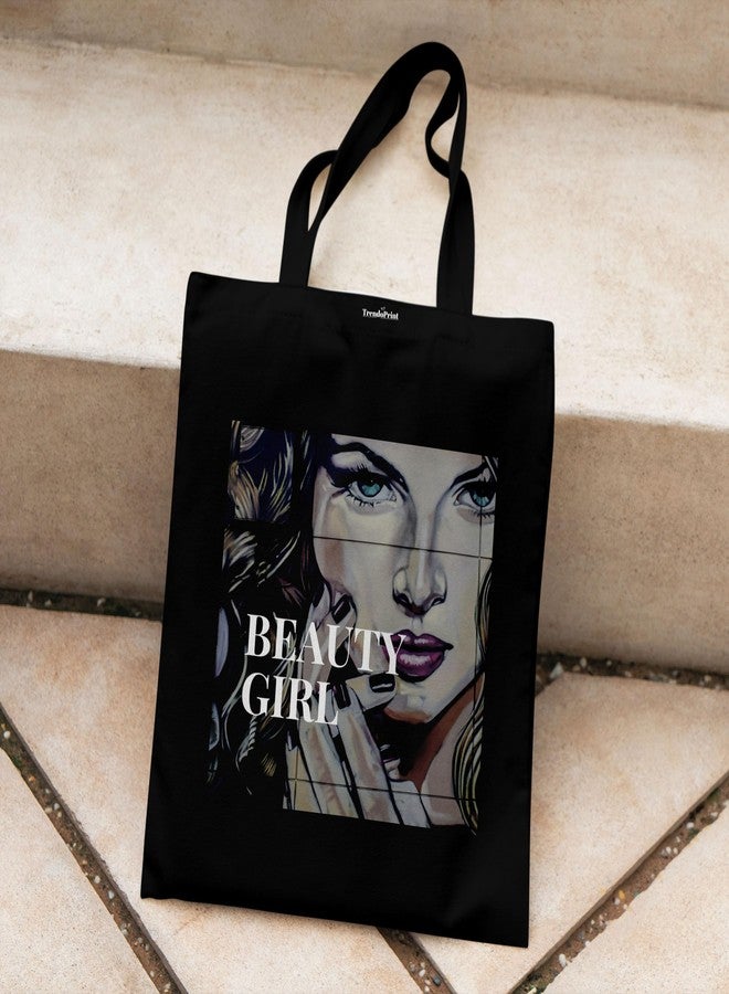 TrendoPrint Canvas Black Tote Bags for Women with Front Pocket And Zip 15Kgs Capacity, College Bag for Girls, 100% Organic Cotton Tote Bag for Shopping, Travel &Beach BTP-01 - Image 3