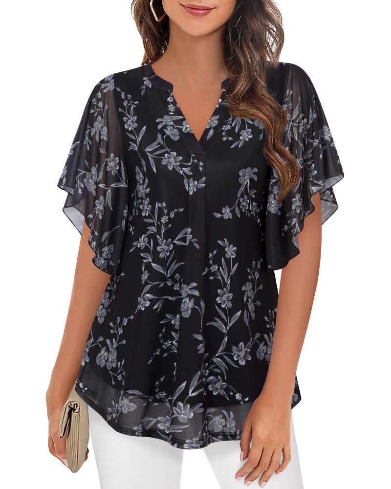 Timeson Womens Blouses and Tops Dressy: Short Sleeve Womens Tunic Tops Floral Ladies V Neck Business Casual Shirts Work Clothes for Women Office Summer Flowy Peasant Blouse Loose Fit Multi-Black M - Image 1