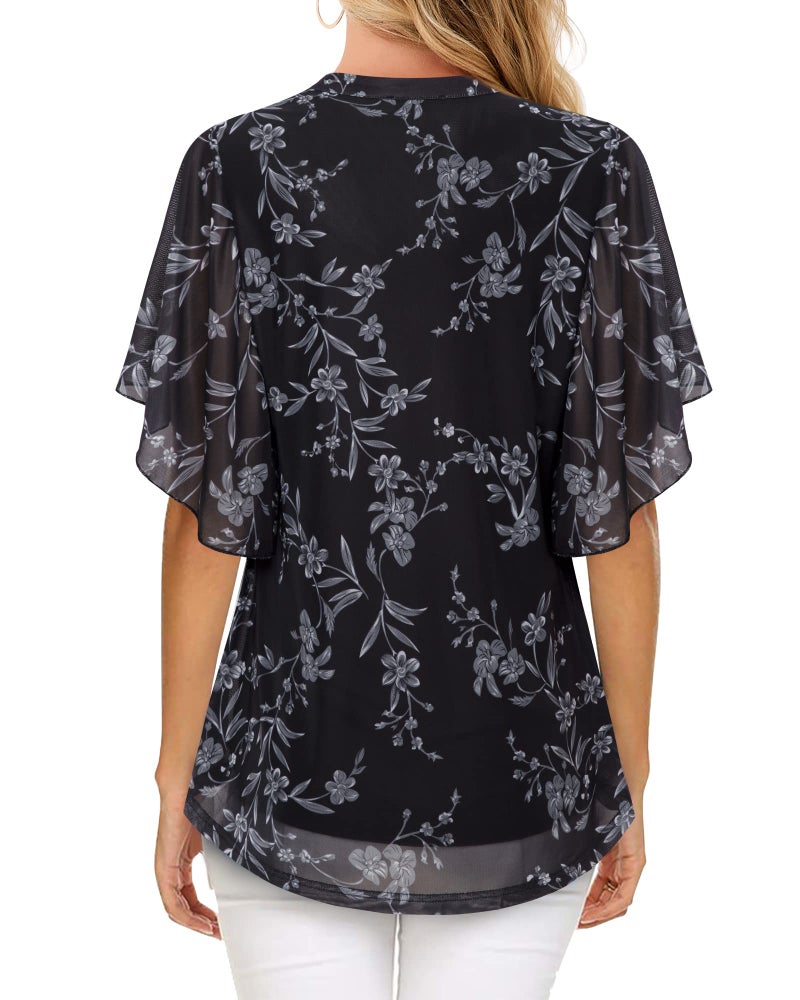 Timeson Womens Blouses and Tops Dressy: Short Sleeve Womens Tunic Tops Floral Ladies V Neck Business Casual Shirts Work Clothes for Women Office Summer Flowy Peasant Blouse Loose Fit Multi-Black M - Image 3
