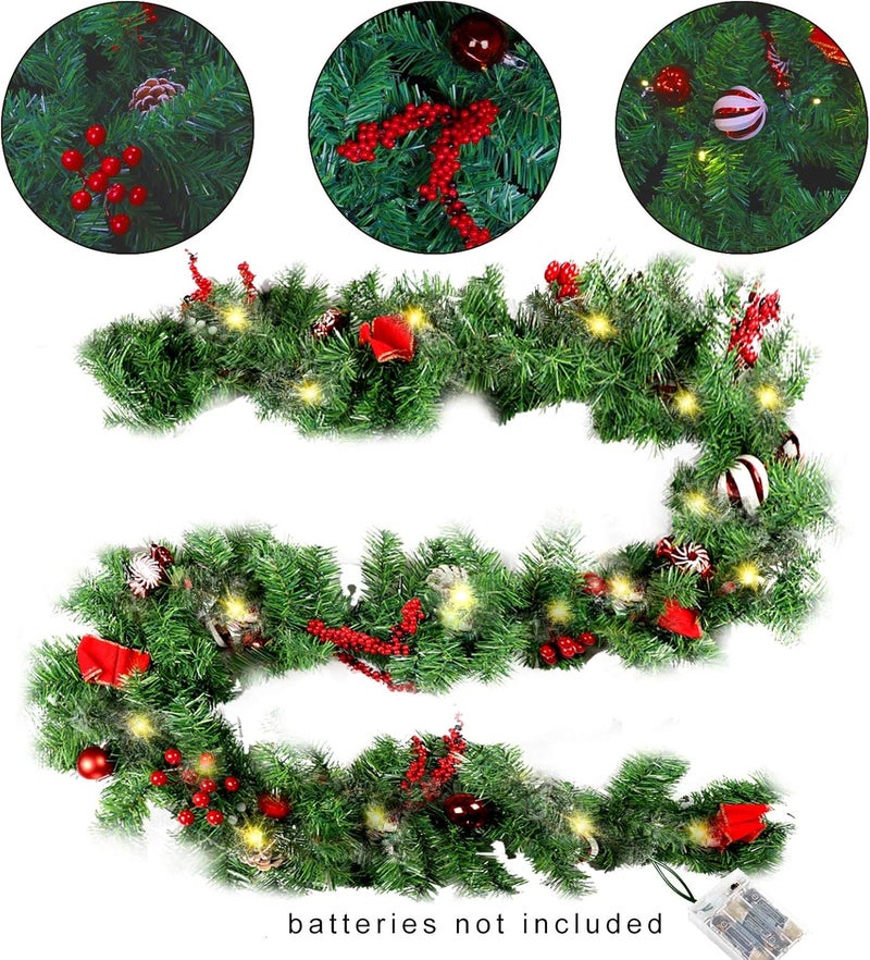 MorTime 9 FT LED Christmas Garland with Pinecones Red Berries Bows Christmas Balls Candies, Multi-Function Christmas Garland with 50 Warm White LED Lights, 180 Branch Tips - Image 4