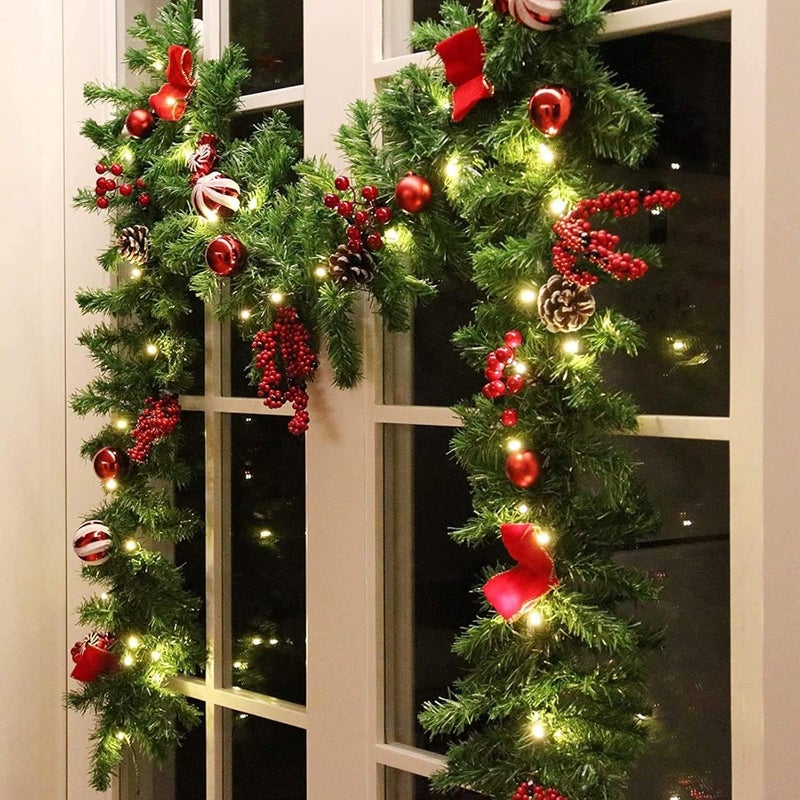 MorTime 9 FT LED Christmas Garland with Pinecones Red Berries Bows Christmas Balls Candies, Multi-Function Christmas Garland with 50 Warm White LED Lights, 180 Branch Tips - Image 1