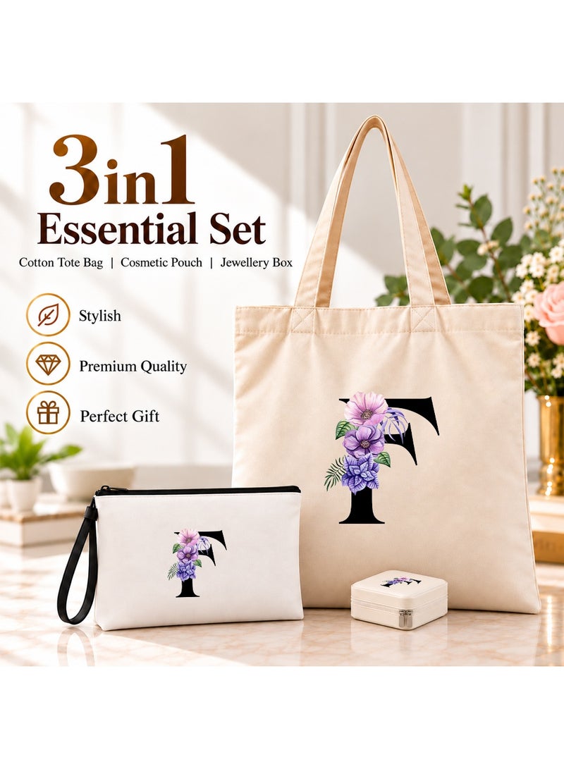 PRINTSHOP4ME Alphabet Floral Initial Gift Combo | 3 in 1 Tote Bag | Pouch | Jewellery Box Set - Image 2