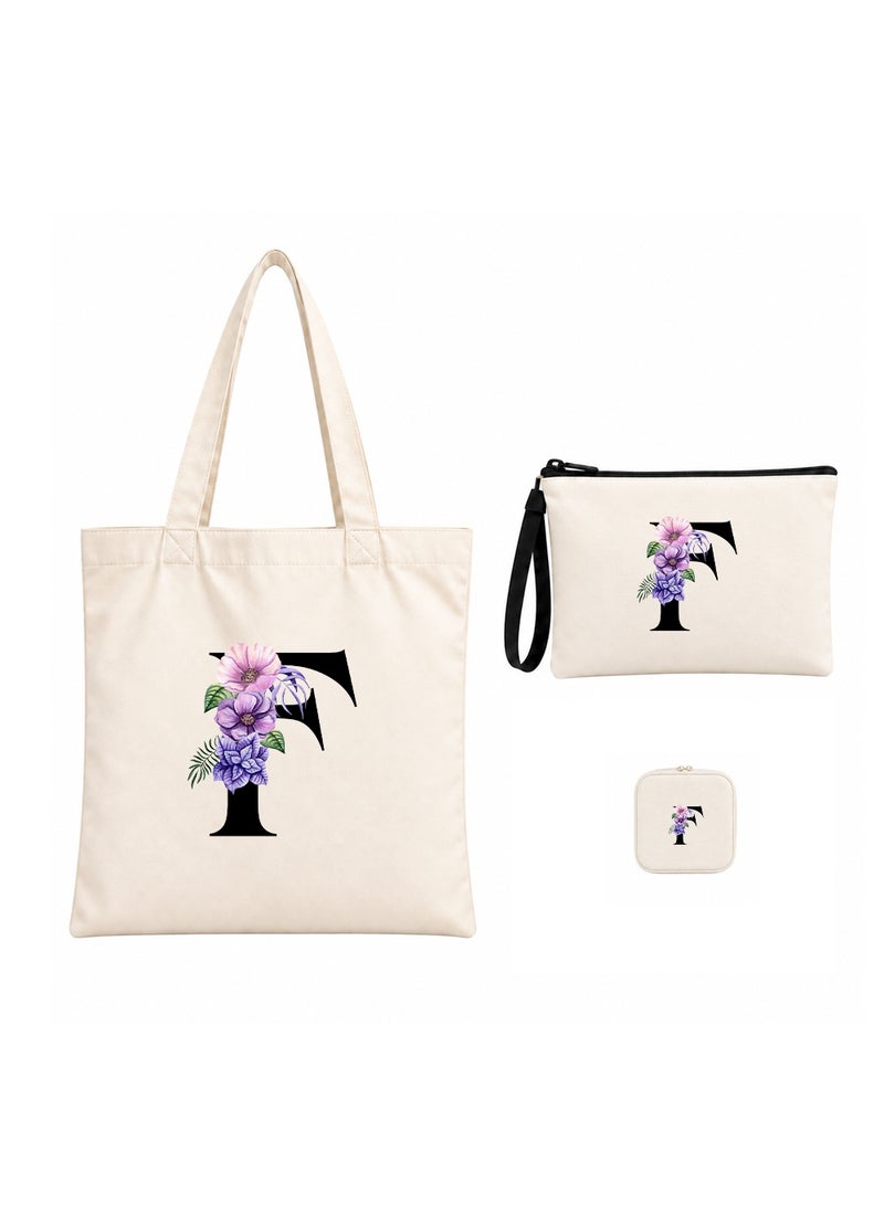 PRINTSHOP4ME Alphabet Floral Initial Gift Combo | 3 in 1 Tote Bag | Pouch | Jewellery Box Set - Image 1