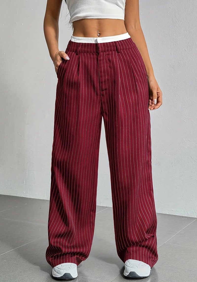 LKOUS Red Women's Wide Leg Dress Pants High Waisted Pinstripe Casual Business Trousers with Pockets - Image 5