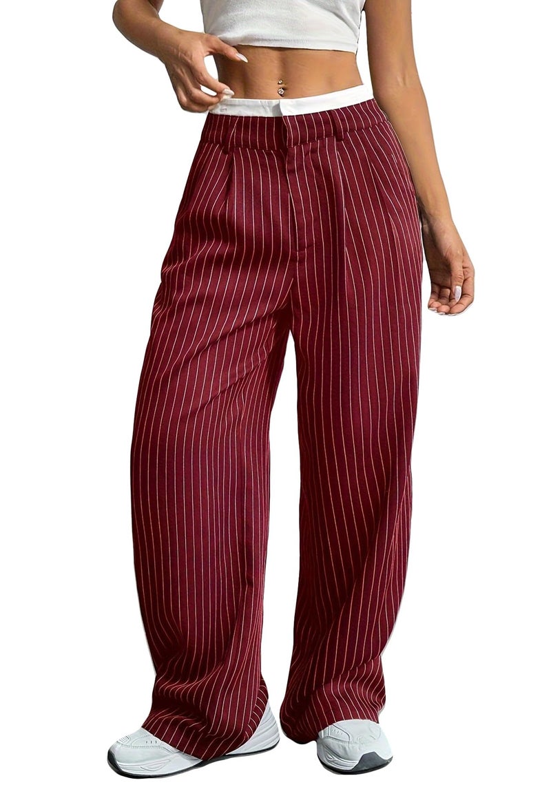 LKOUS Red Women's Wide Leg Dress Pants High Waisted Pinstripe Casual Business Trousers with Pockets - Image 1