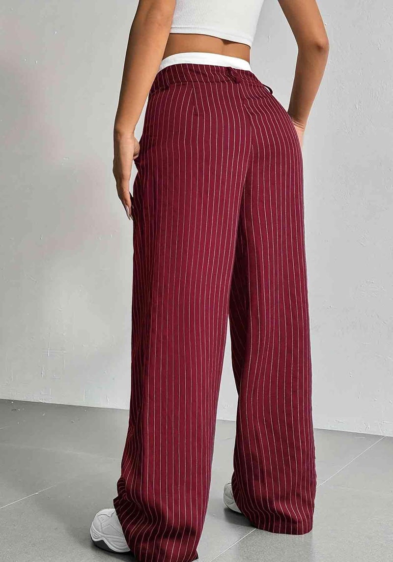LKOUS Red Women's Wide Leg Dress Pants High Waisted Pinstripe Casual Business Trousers with Pockets - Image 3