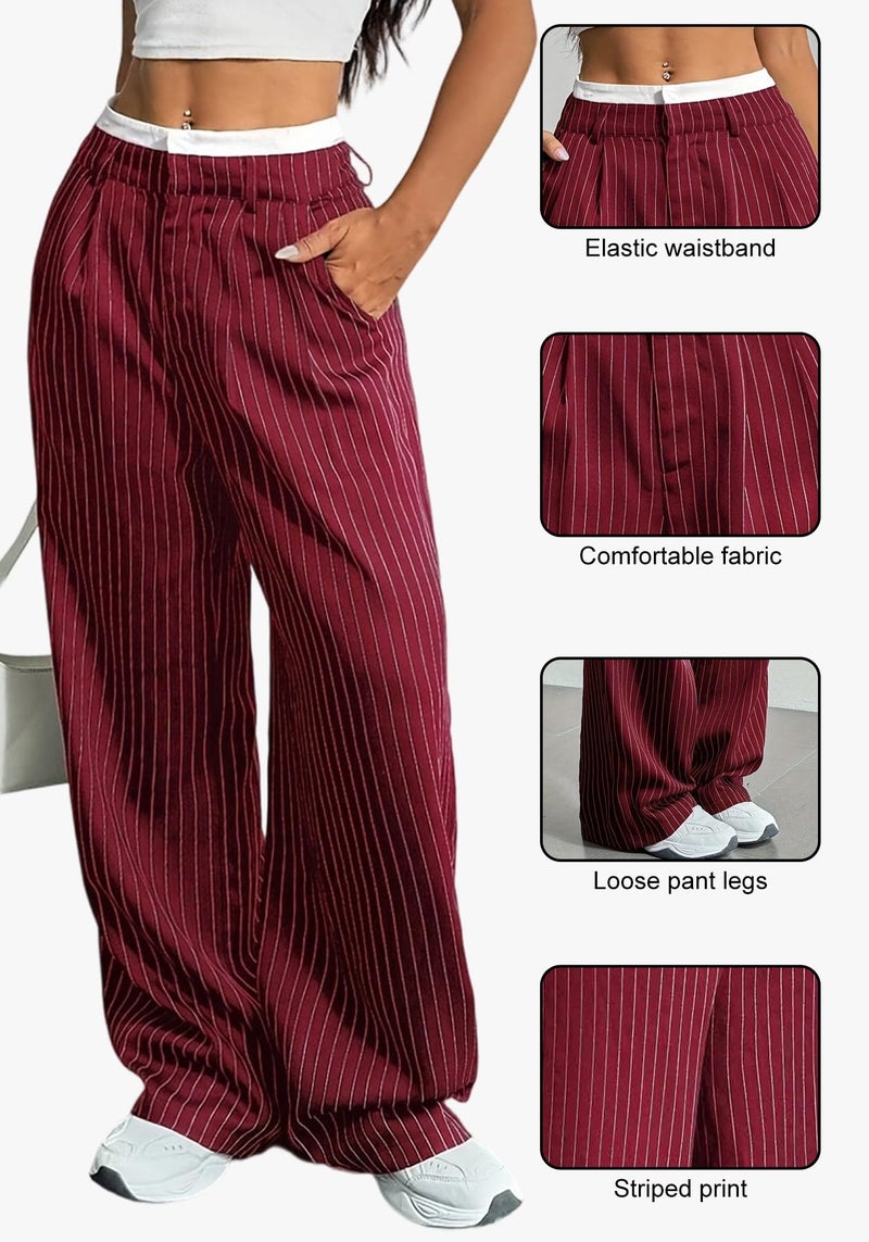 LKOUS Red Women's Wide Leg Dress Pants High Waisted Pinstripe Casual Business Trousers with Pockets - Image 4