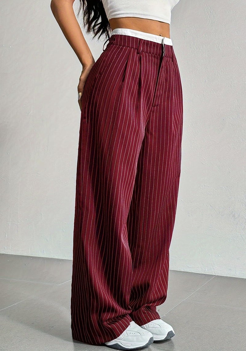 LKOUS Red Women's Wide Leg Dress Pants High Waisted Pinstripe Casual Business Trousers with Pockets - Image 2