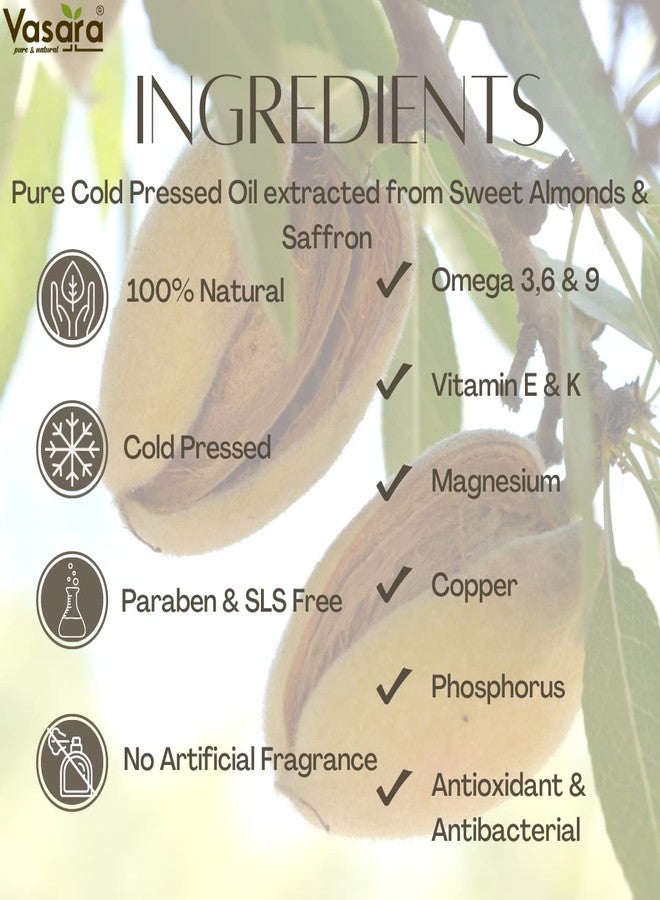 Vasara Cold Pressed Saffron Almond Oil 100ml | For Face, Hair, Skin | Pure & Virgin Grade | Skin Brightening | Skincare Oil - Image 2