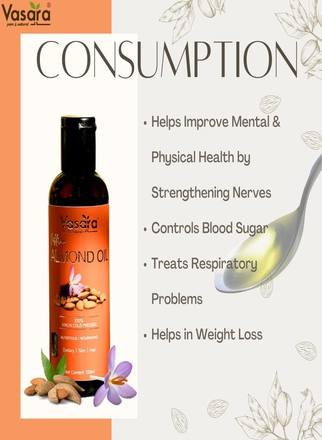 Vasara Cold Pressed Saffron Almond Oil 100ml | For Face, Hair, Skin | Pure & Virgin Grade | Skin Brightening | Skincare Oil - Image 5