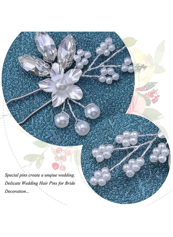HY Crystal Bride Wedding Hair Pins Silver Flower Bridal Head Piece Pearl Hair Accessories for Women and Girls (Pack of 3) - Image 4
