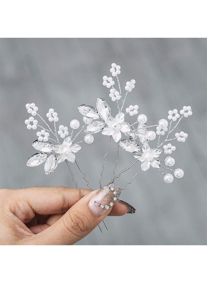 HY Crystal Bride Wedding Hair Pins Silver Flower Bridal Head Piece Pearl Hair Accessories for Women and Girls (Pack of 3) - Image 3