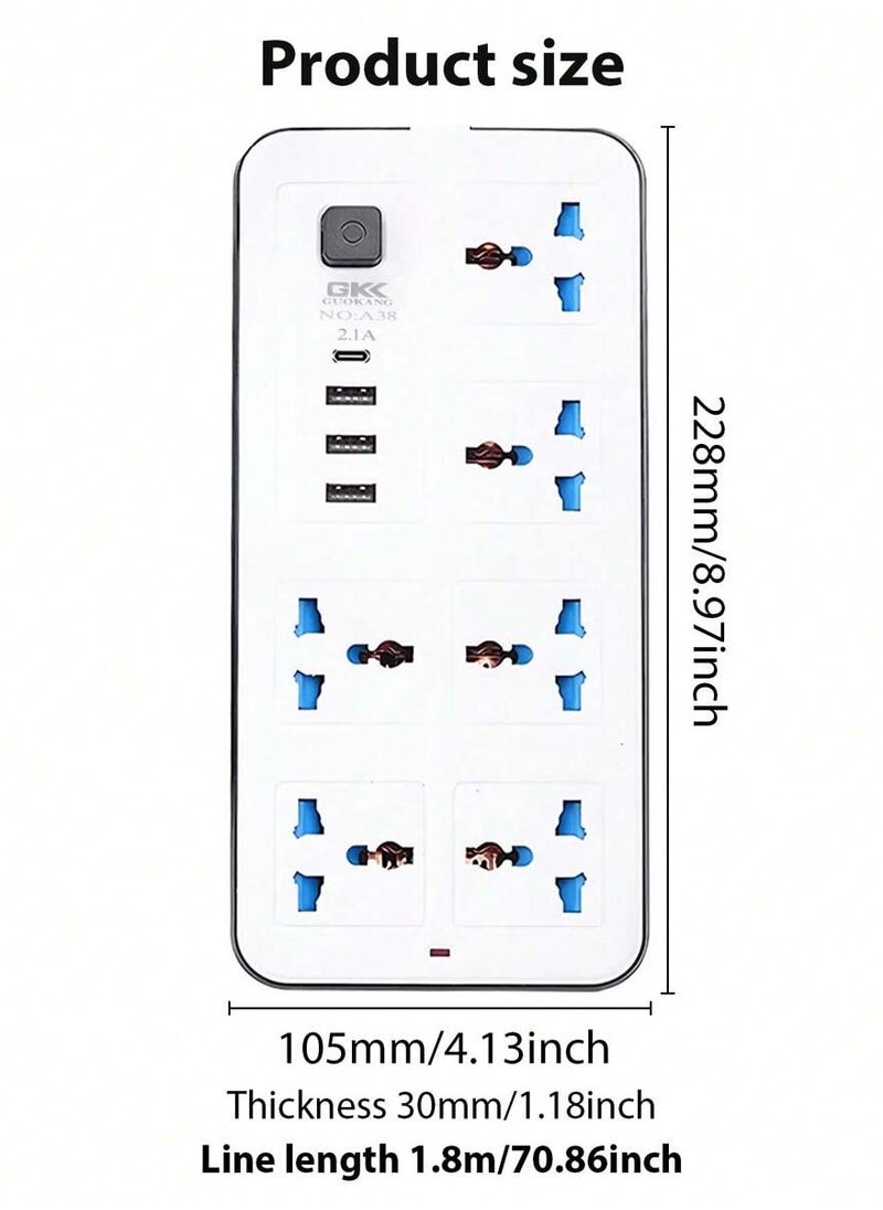 Generic 6-Way Power Strip with 3 USB & 1 Type-C PD Charging Ports, 200cm Flat Plug Heavy Duty Extension Cord – 2000W Surge Protector for Home, Office, Dorm, and Gaming Room  - Image 4