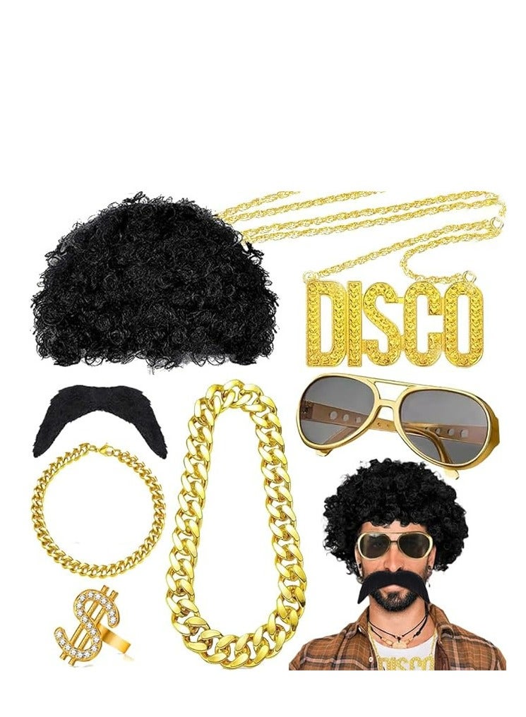 Elvis wig 7-piece set of hip-hop clothing accessories gold chain logo pendant necklace ring