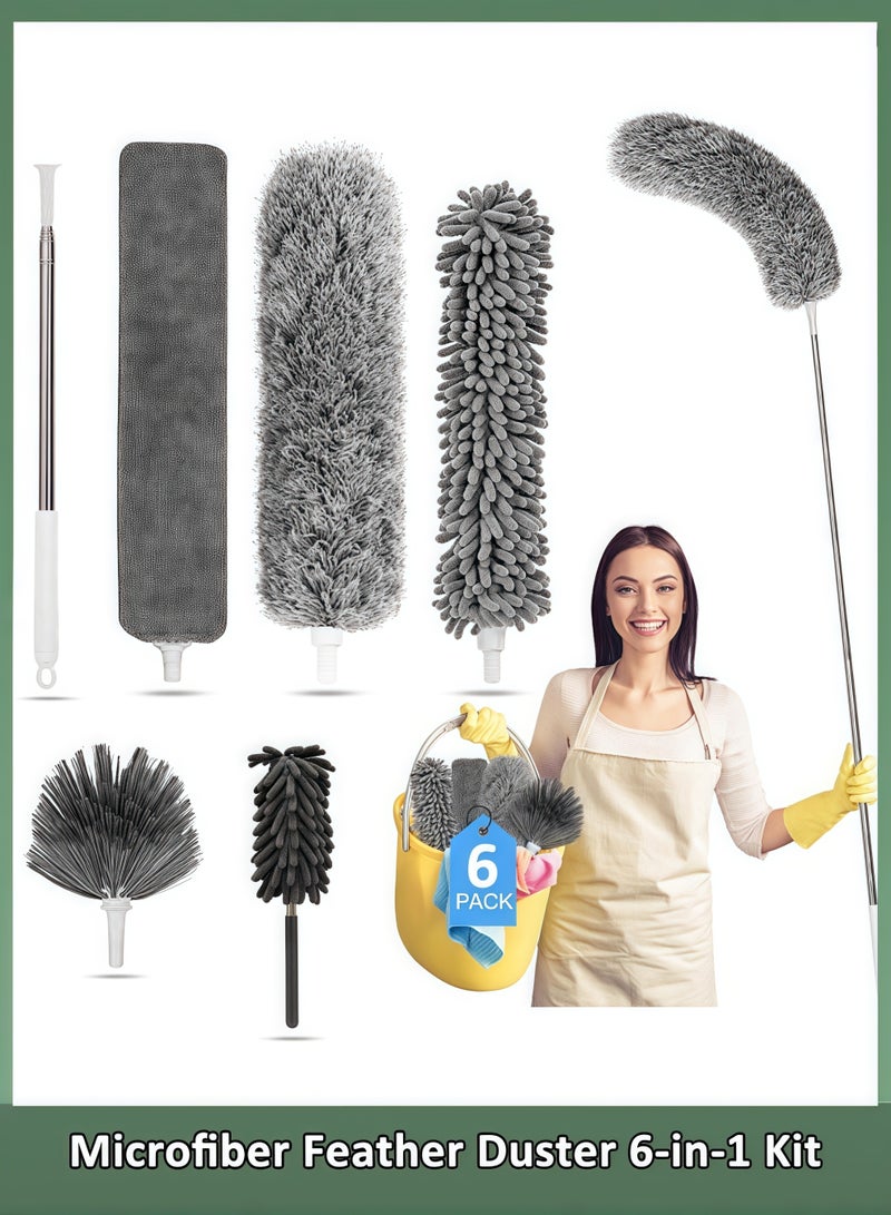 Microfiber Feather Duster 6-in-1 Kit, Dusters for Cleaning, Duster with Extension Pole, Cobweb Duster, Microfiber Dusters for High Ceilings and Fans, Blinds, Cars and Furniture - Image 1