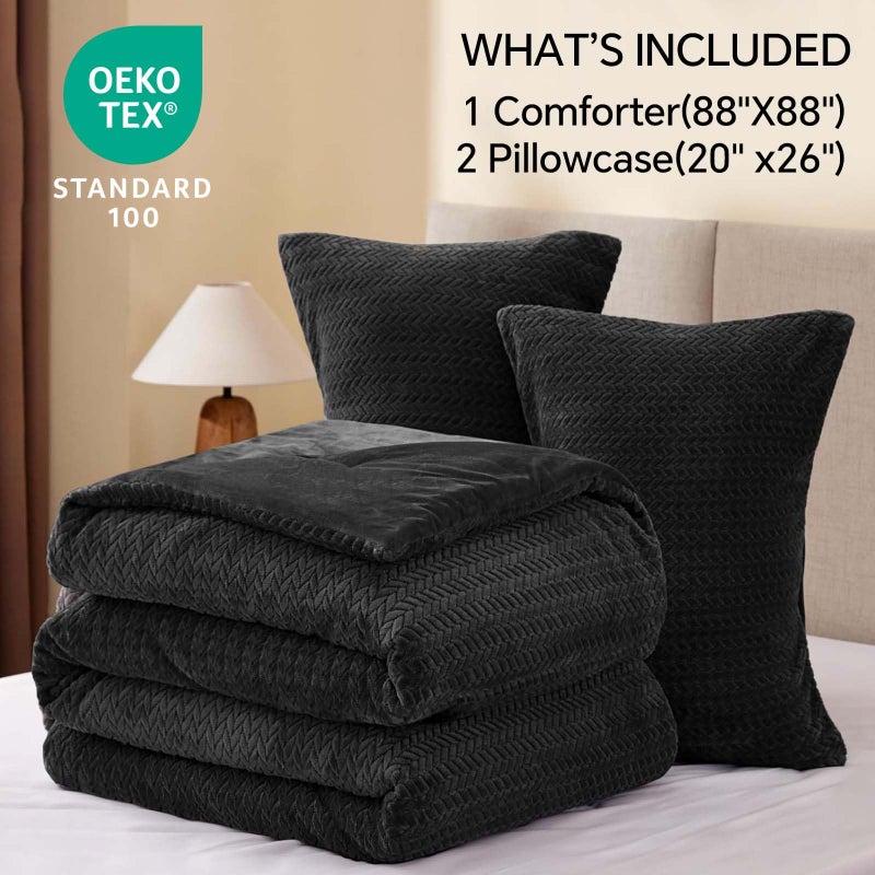 ChiXpace Flannel Fleece Queen Comforter Set - Furry Black Leaves Pattern Faux Fur Bed Set, Winter Ultra Soft Fuzzy Comfort Set, Velvet Bedding Set for Bed with 2 Pillow Cases - Image 5
