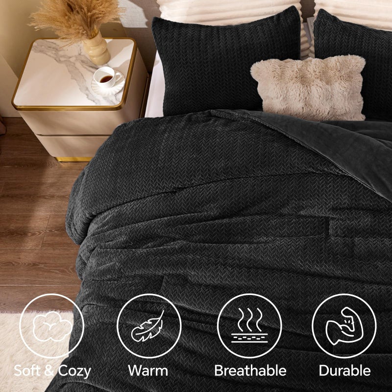 ChiXpace Flannel Fleece Queen Comforter Set - Furry Black Leaves Pattern Faux Fur Bed Set, Winter Ultra Soft Fuzzy Comfort Set, Velvet Bedding Set for Bed with 2 Pillow Cases - Image 3