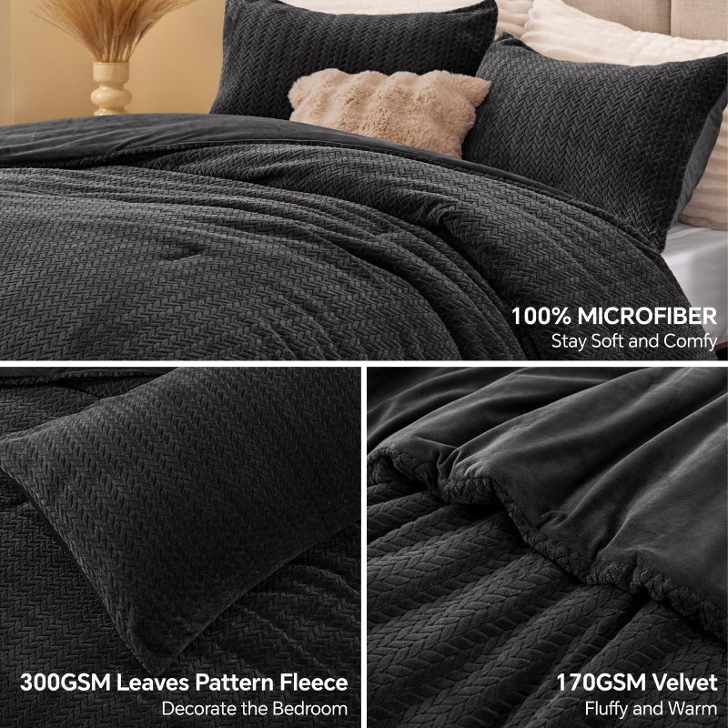 ChiXpace Flannel Fleece Queen Comforter Set - Furry Black Leaves Pattern Faux Fur Bed Set, Winter Ultra Soft Fuzzy Comfort Set, Velvet Bedding Set for Bed with 2 Pillow Cases - Image 2
