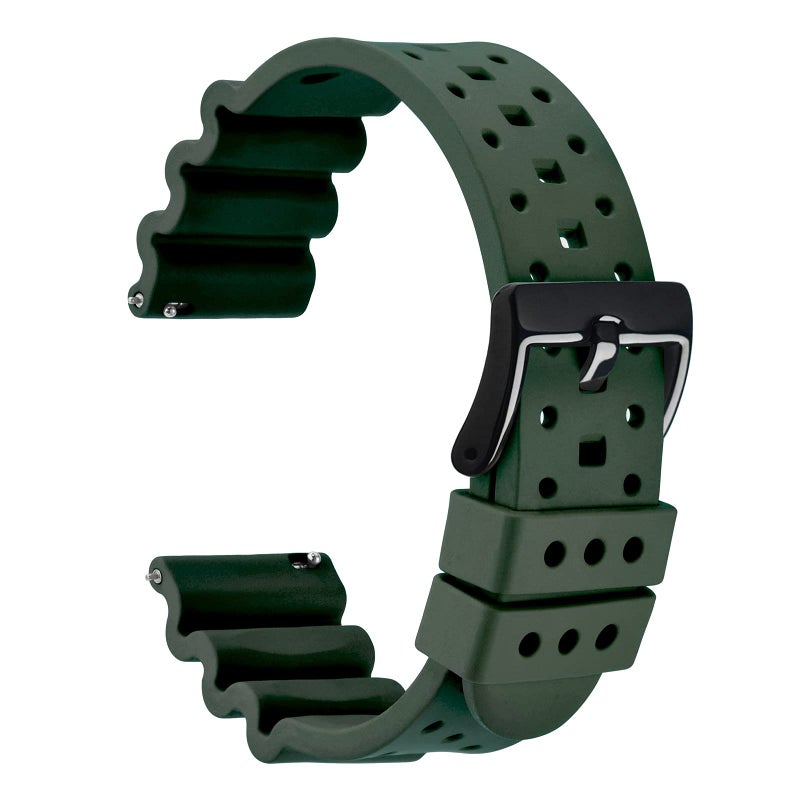 WOCCI 18mm Ventilated Watch Band for Men FKM Rubber Black Buckle Army Green - Image 2